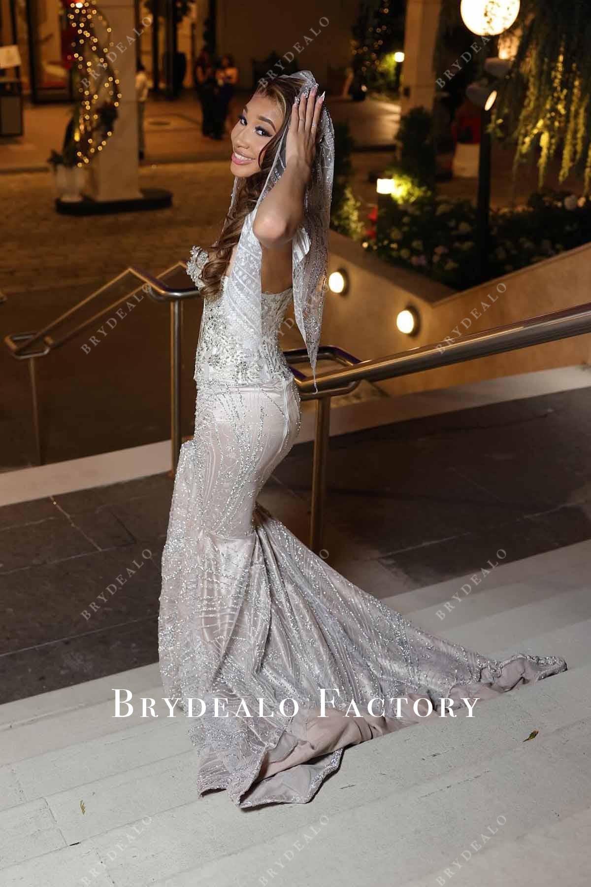 rhinestones strapless long train prom dress