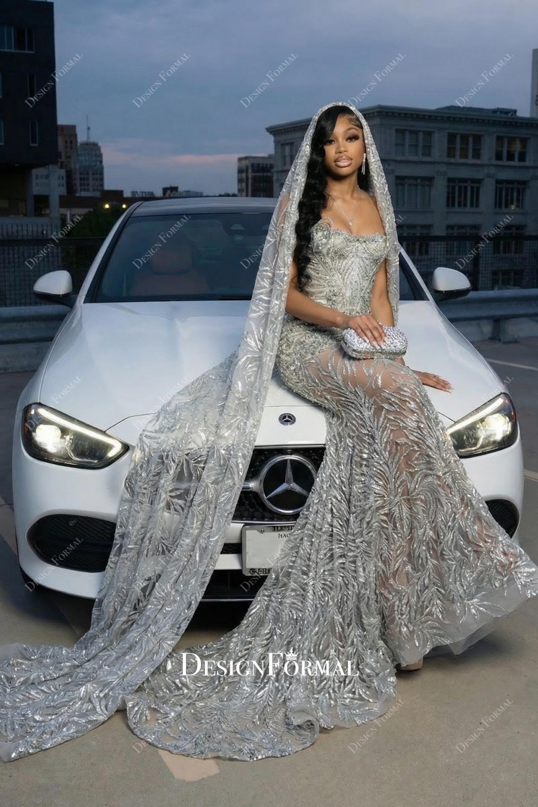 rhinestones strapless mermaid court train prom dress