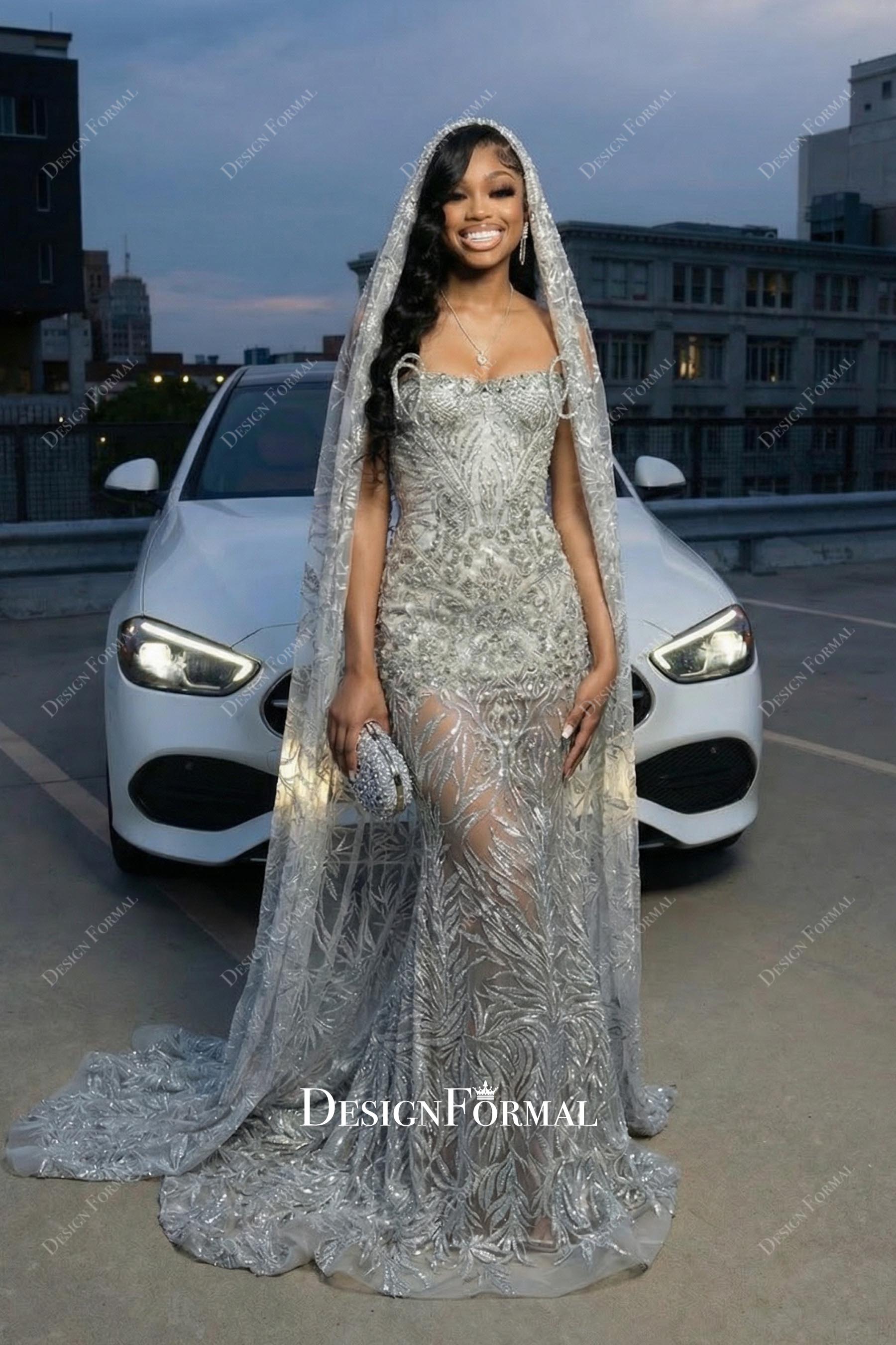 rhinestones strapless sheer mermaid prom dress