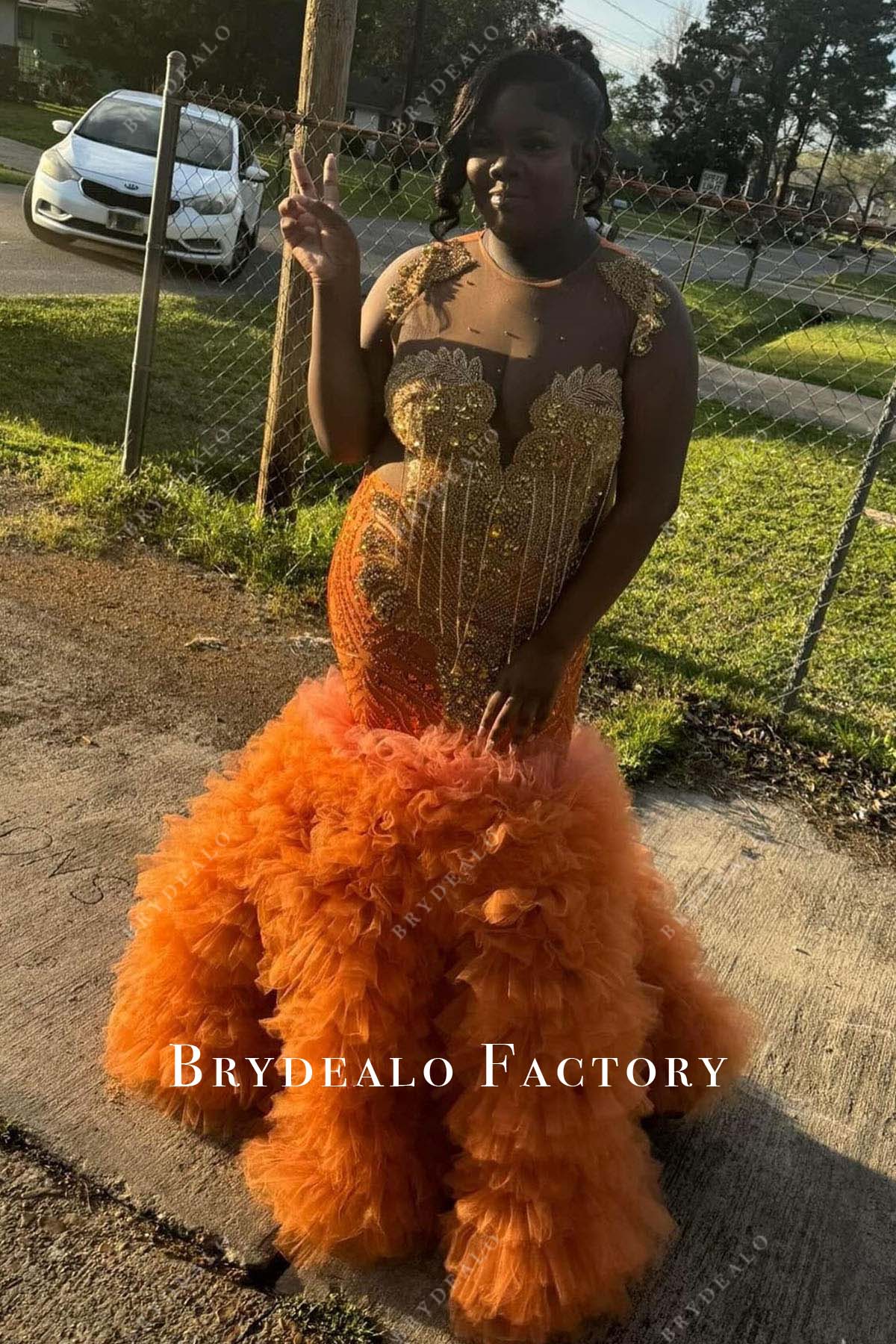 rhinestones tangerine tulle trumpet prom dress