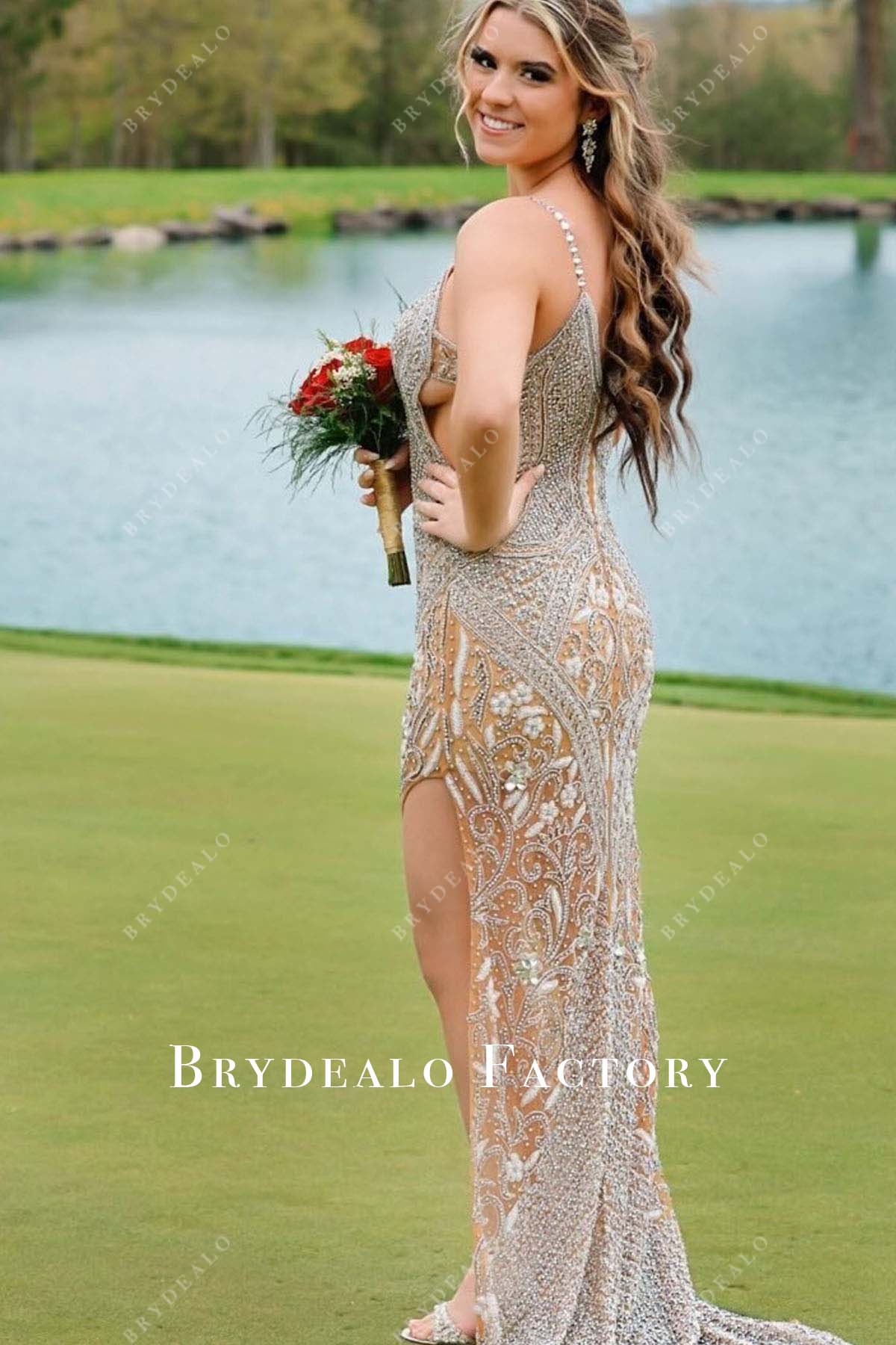 rhinestones thin straps long train homecoming dress