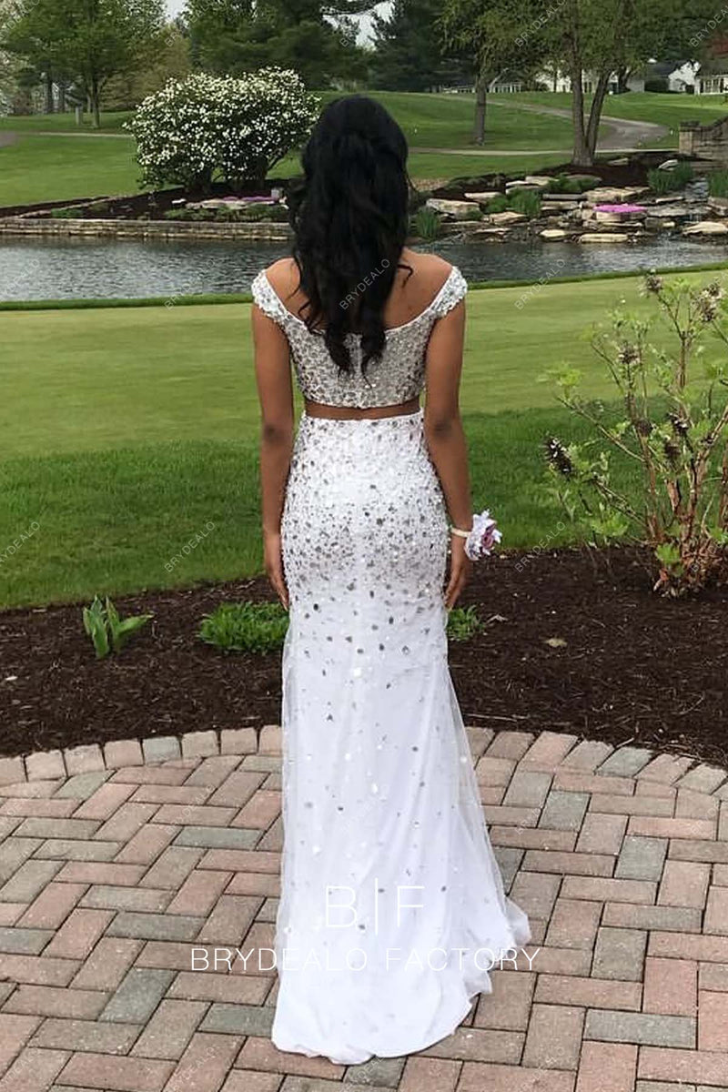 Dreamyannie White Prom Dress 2 Piece Beaded Satin Long Formal Dress With Slit main image 0