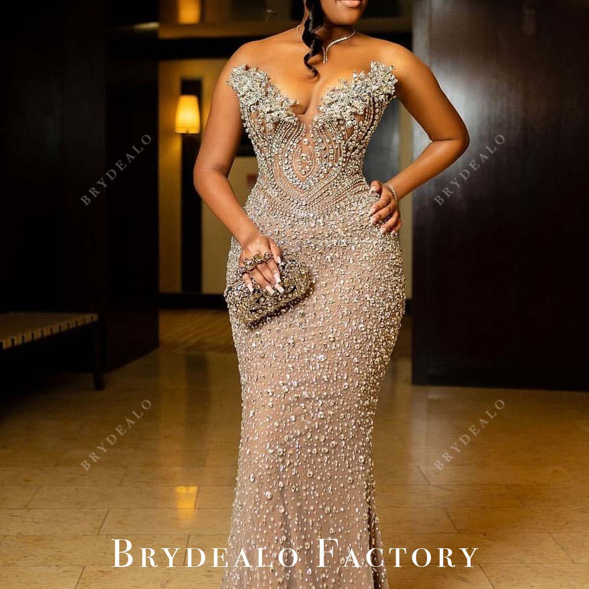 Rhinestones Nude Strapless V-Neck Mermaid Prom Dress