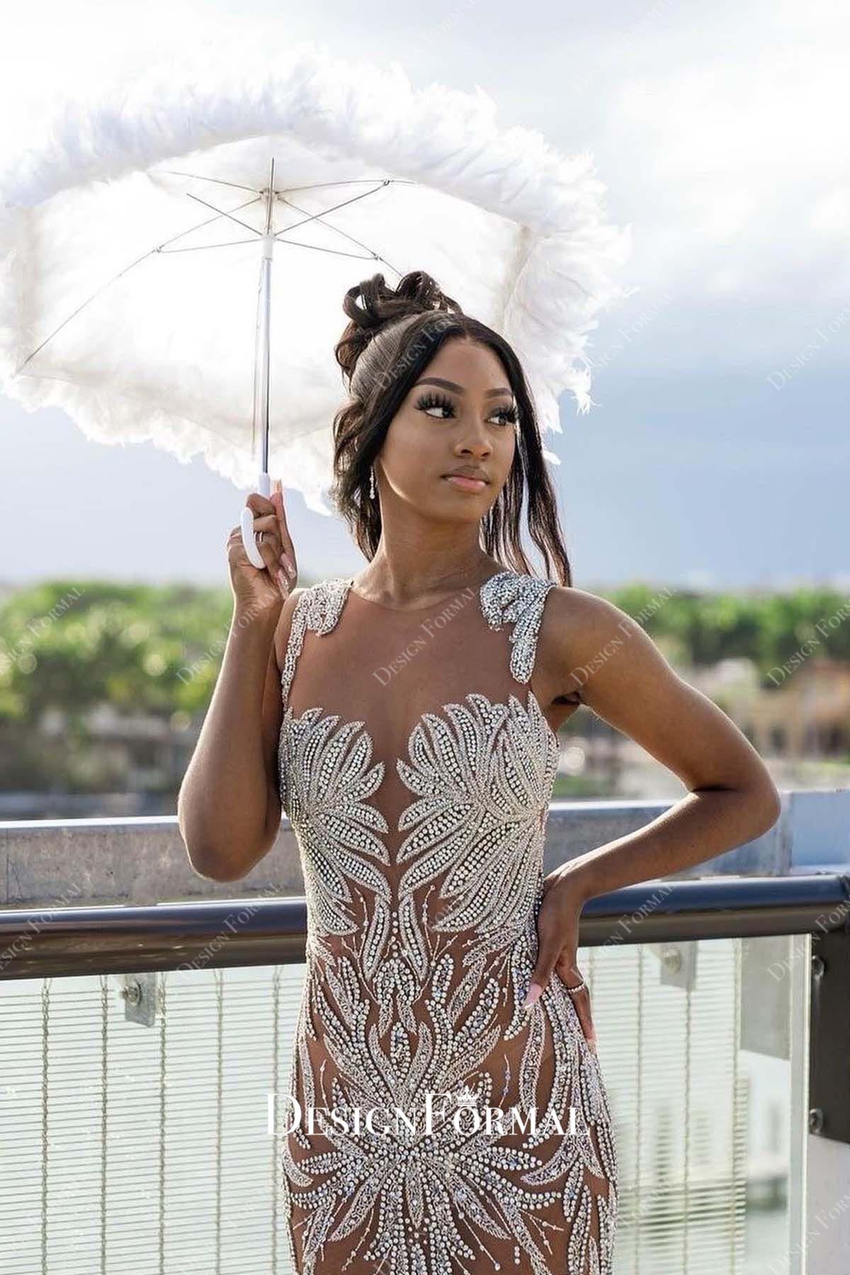 rhinestones warm beige illusion neck prom dress