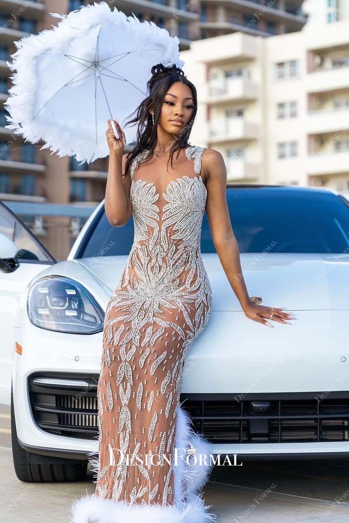 rhinestones warm beige slit prom dress