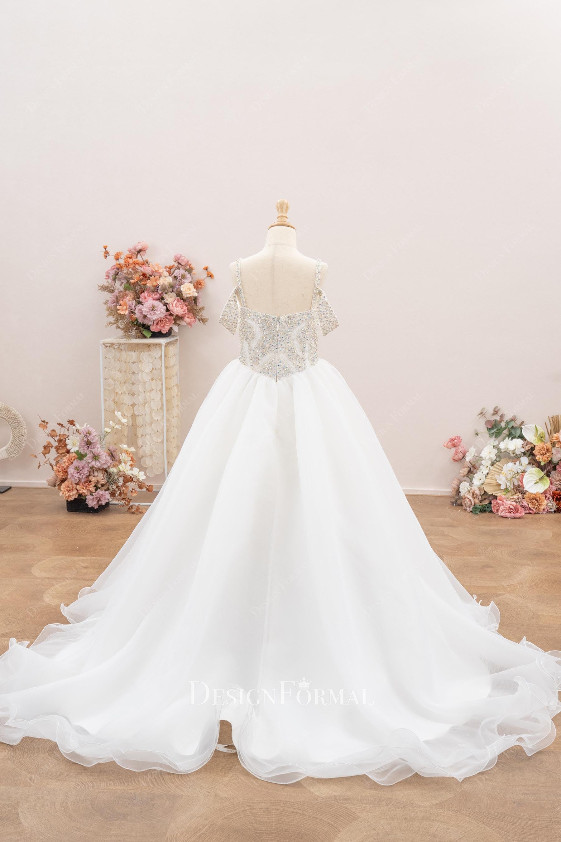 rhinestones white court train first communion dress