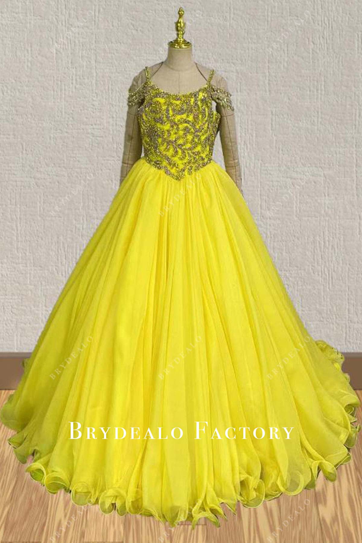 rhinestones yellow a line pageant dress