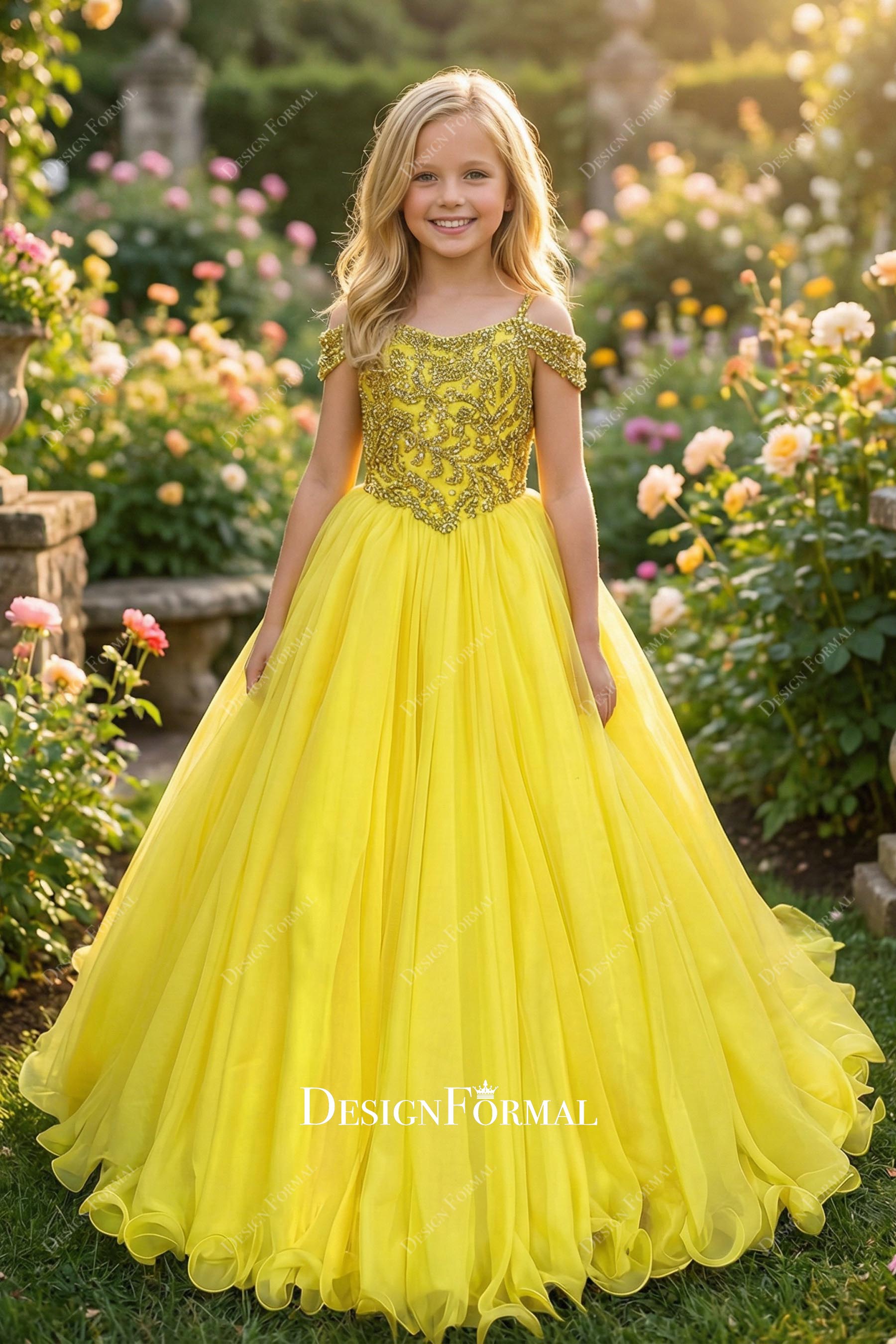 rhinestones yellow a line pageant dress