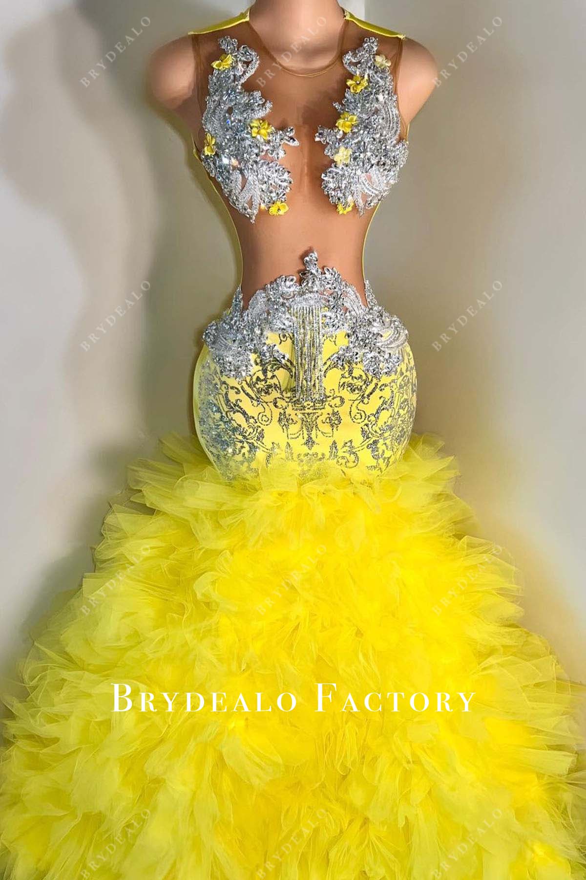 rhinestone yellow tulle trumpet prom dress