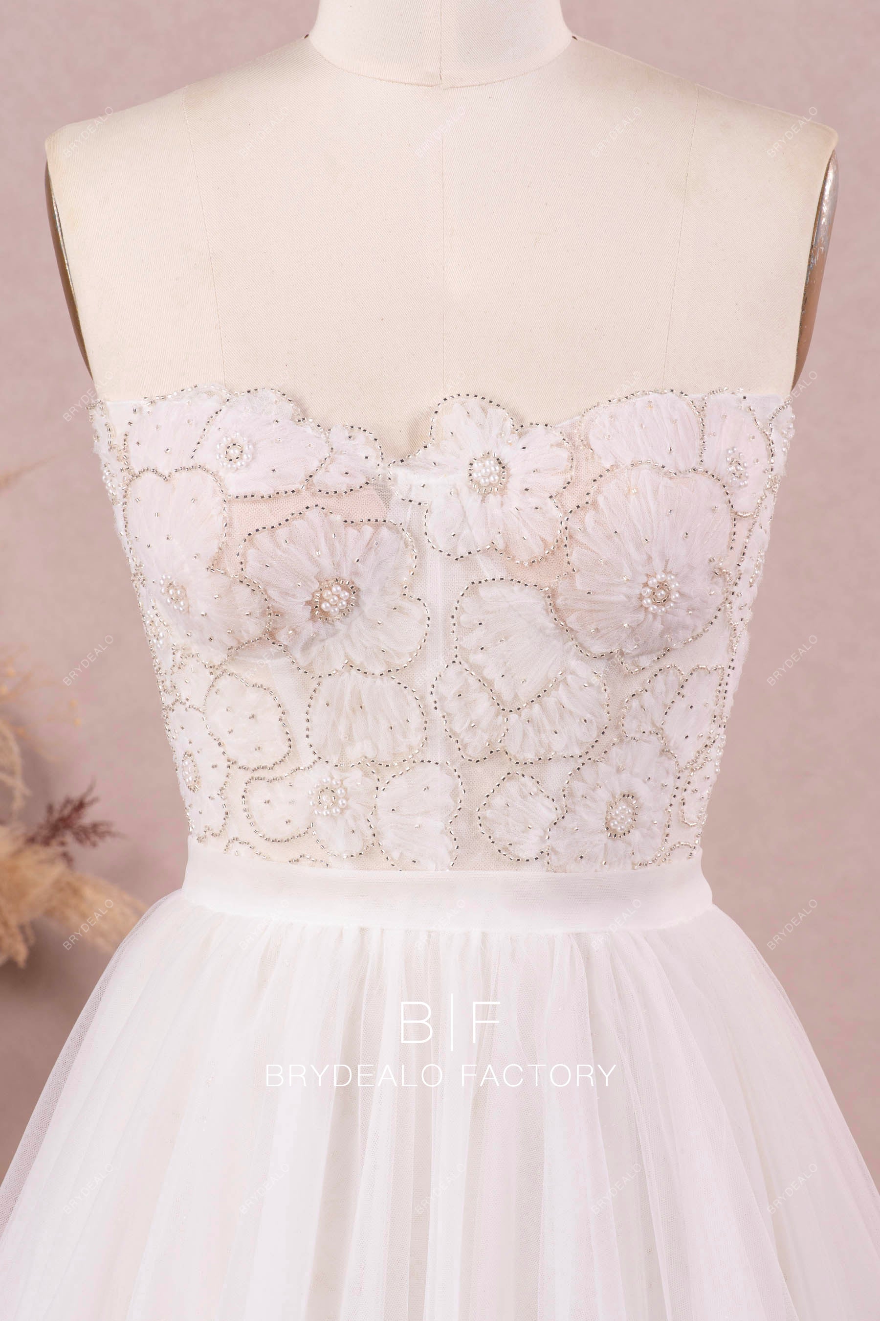 designer flowery lace strapless wedding dress