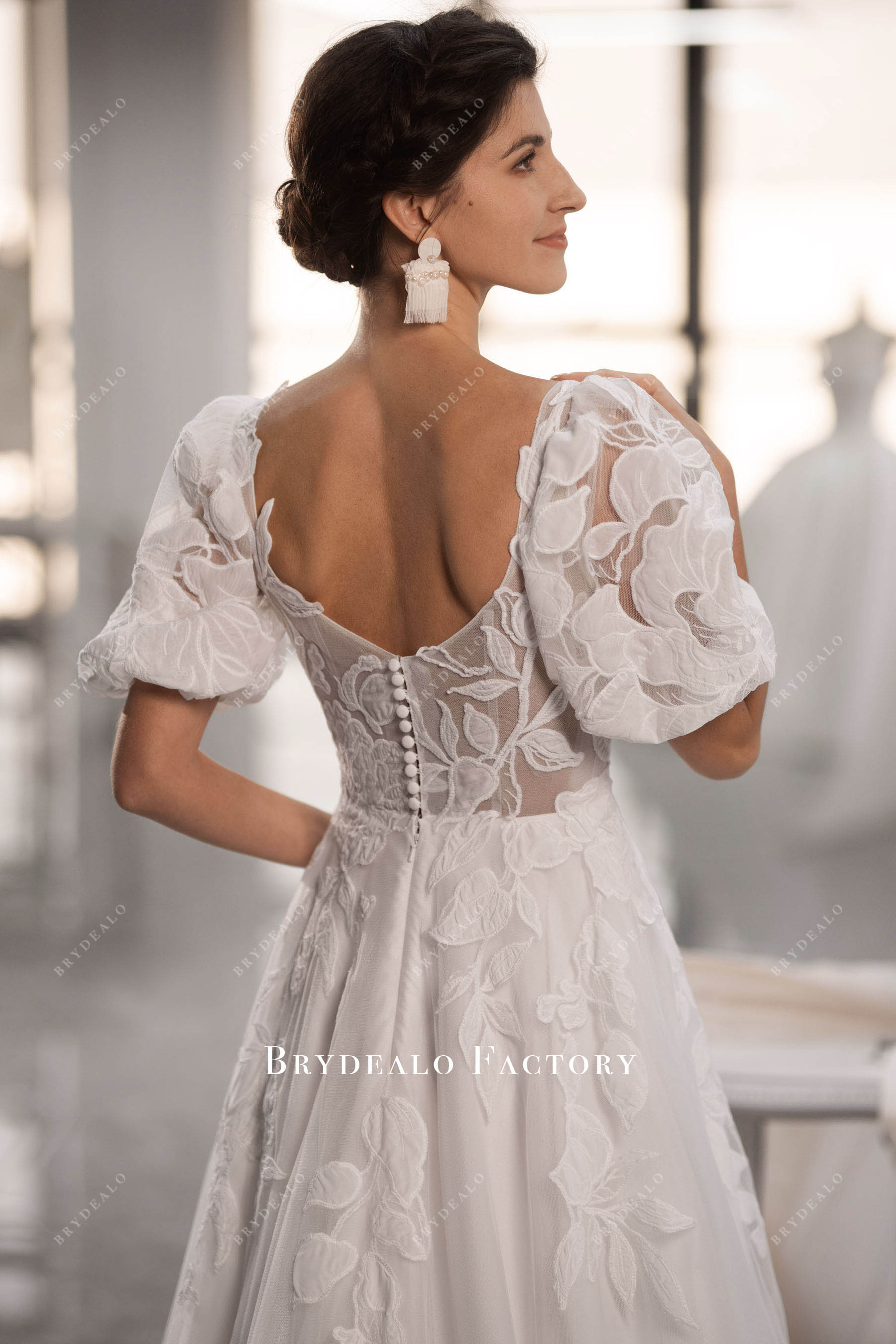 romantic bubble sleeve open back bridal gown