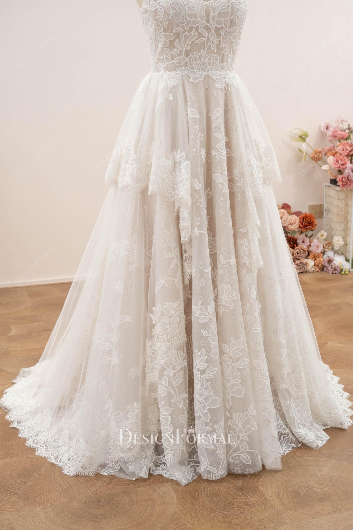 romantic floral lace a line wedding dress