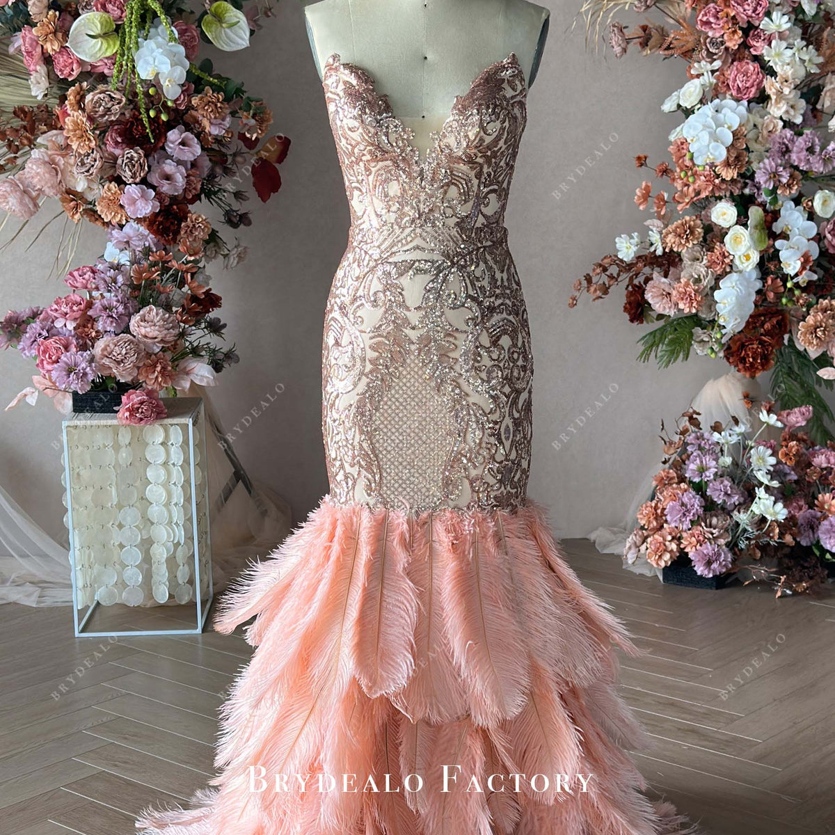 Rose Gold Embroidery Sequin Big Feather Mermaid Prom Dress Rose Gold Embroidery Sequin Big Feather Mermaid Prom Dress