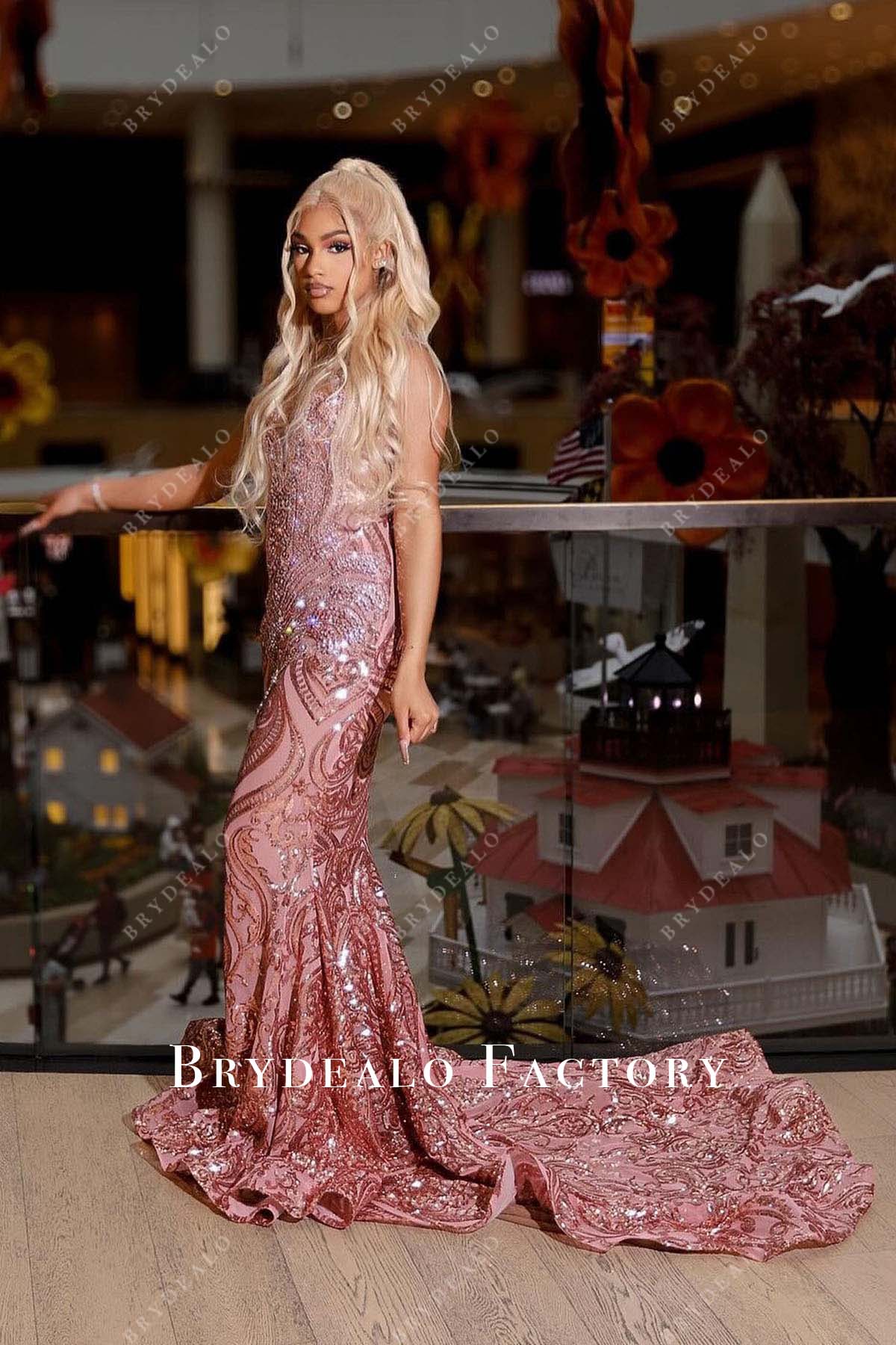 rose gold sequined long train prom dress