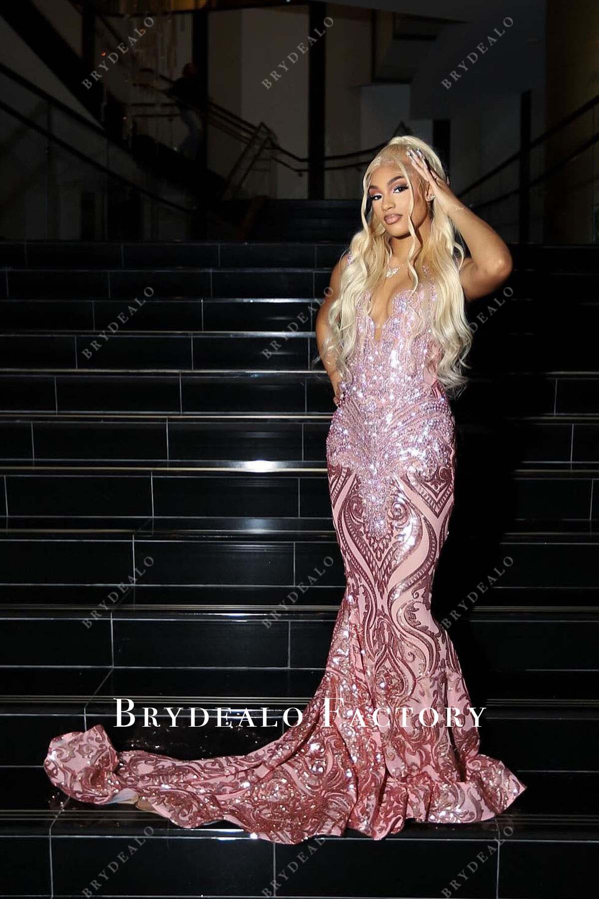 rose gold sequined mermaid prom dress