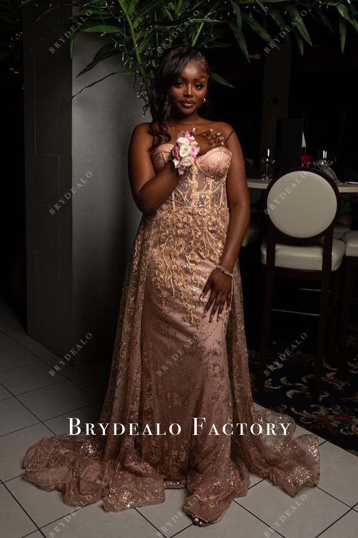 rose gold strapless prom dress