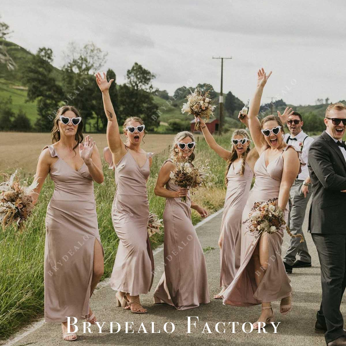 Rose Gold Flutter Sleeves V-Neck Bridesmaid Dress