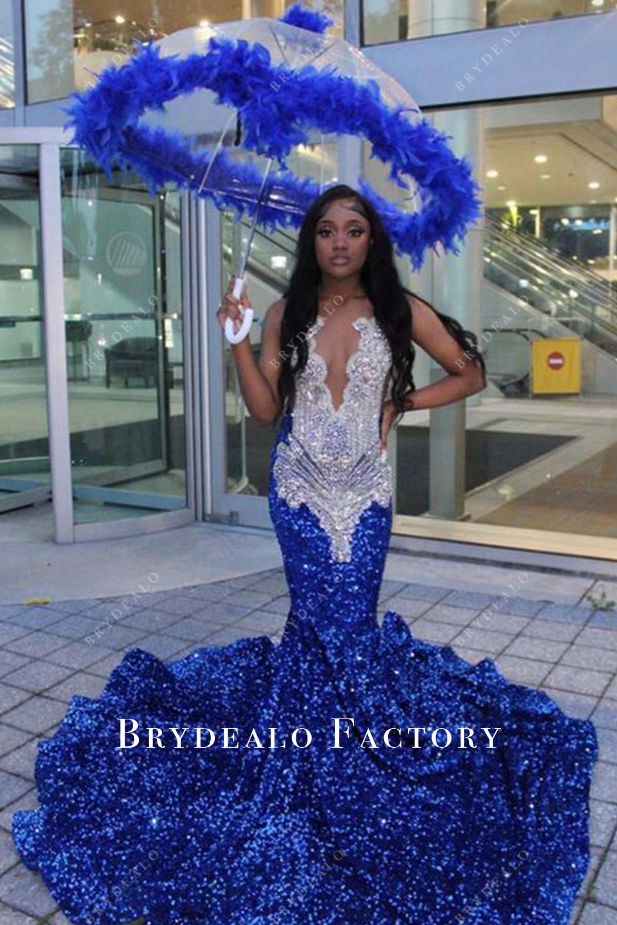 Dazzling Rhinestone Plunging Neck Blue Mermaid Prom Dress