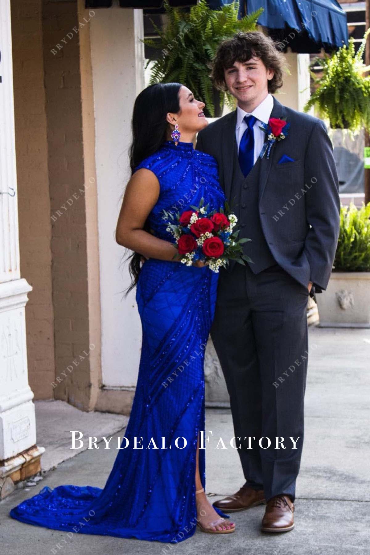 royal blue high neck mermaid homecoming dress