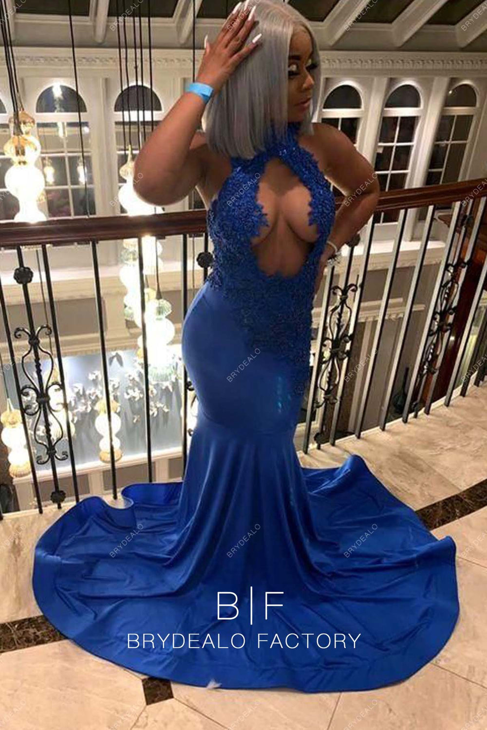 Royal Blue Keyhole Halter Neck Lace Mermaid Jersey Long Prom Dress