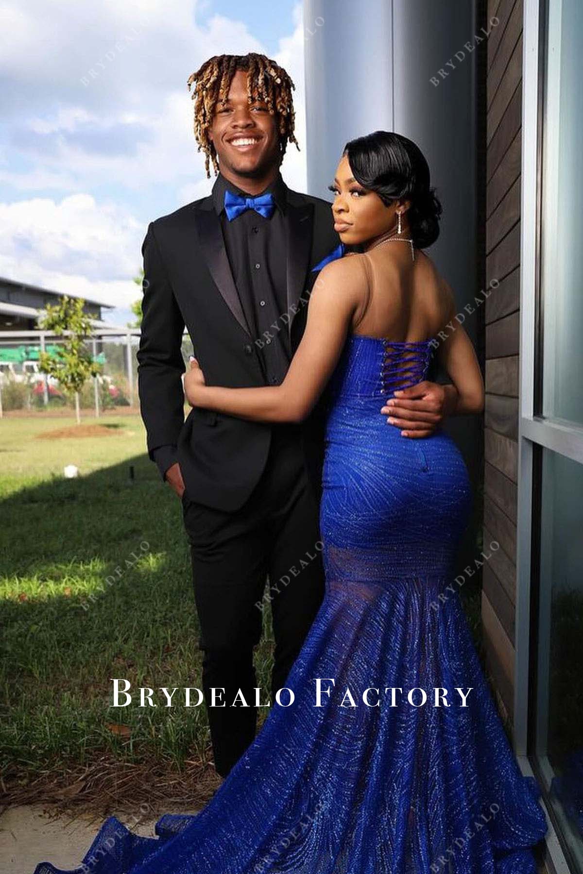 royal blue lace up back trumpet prom dress