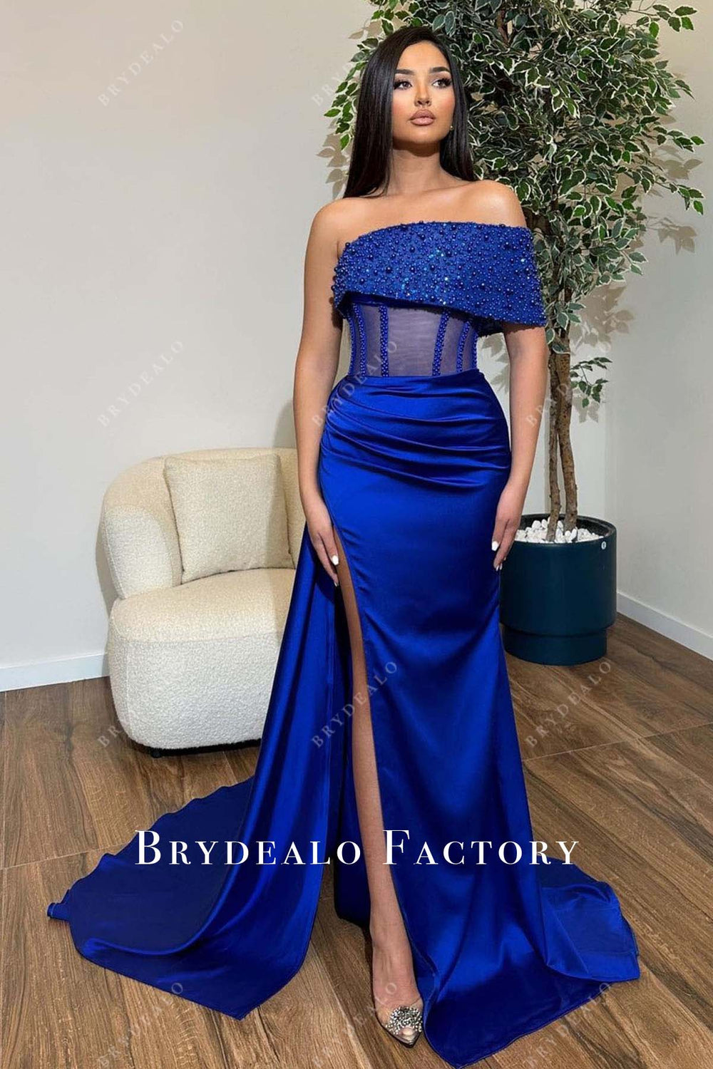 Royal Blue Beaded Asymmetrical Neckline Slit Prom Dress