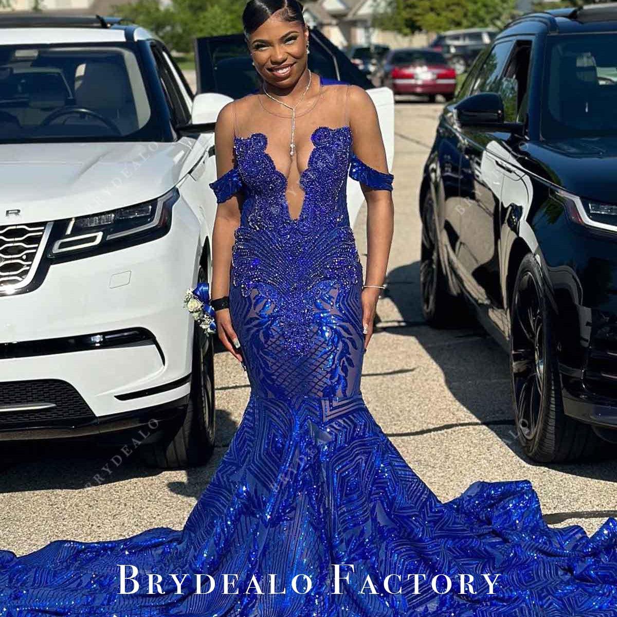 Royal Blue Sequined Cold Shoulder Trumpet Prom Dress Royal Blue Sequined Cold Shoulder Trumpet Prom Dress
