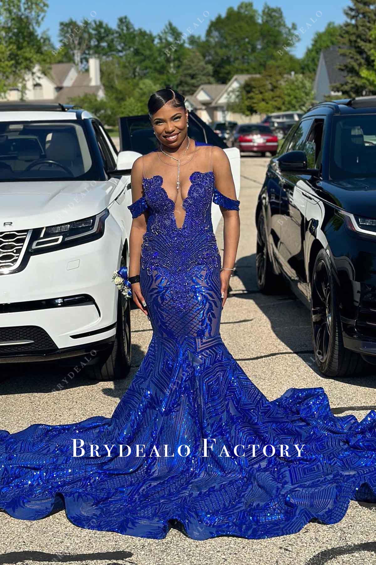 royal blue off shoulder prom dress