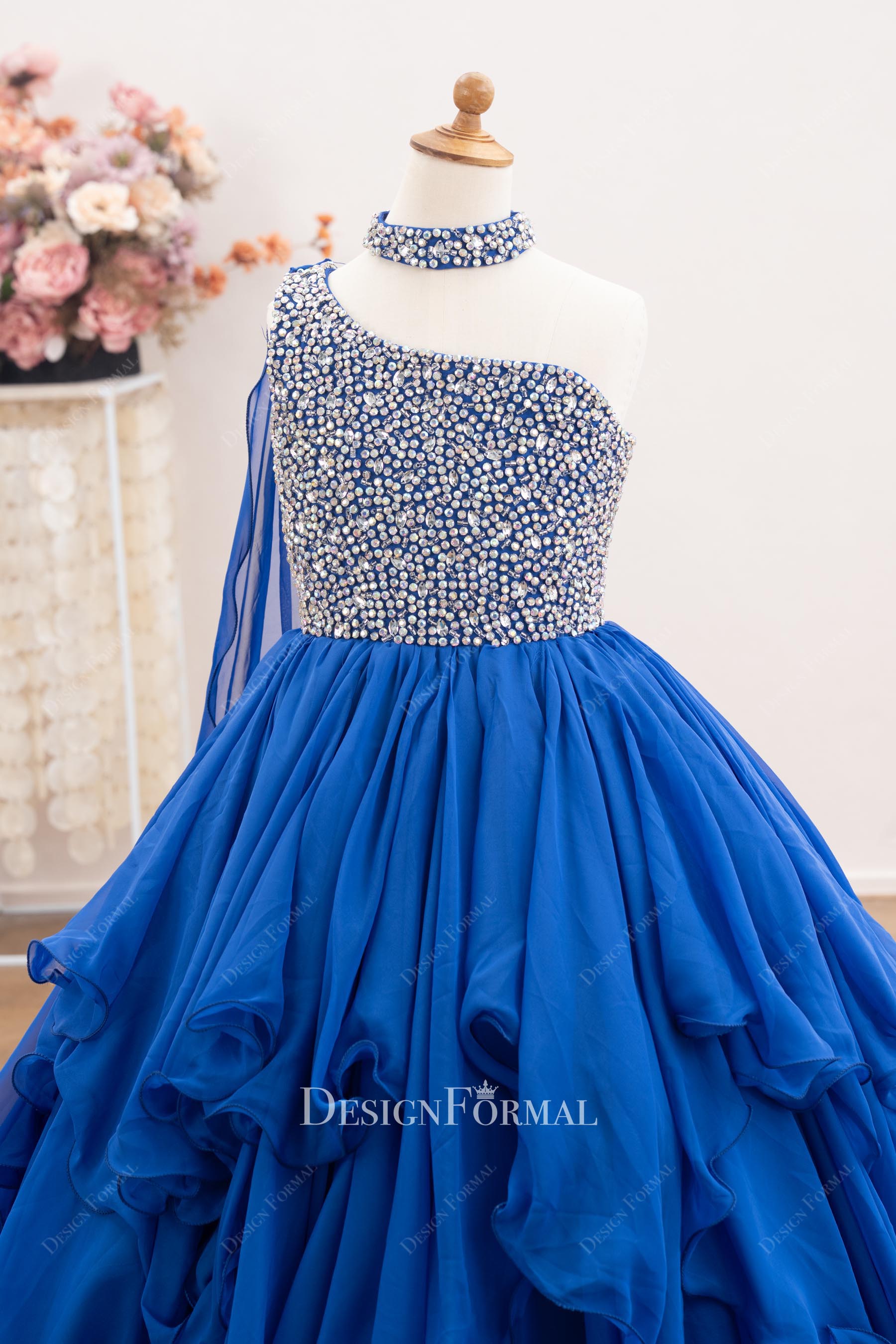 royal blue ne shoulder pageant dress