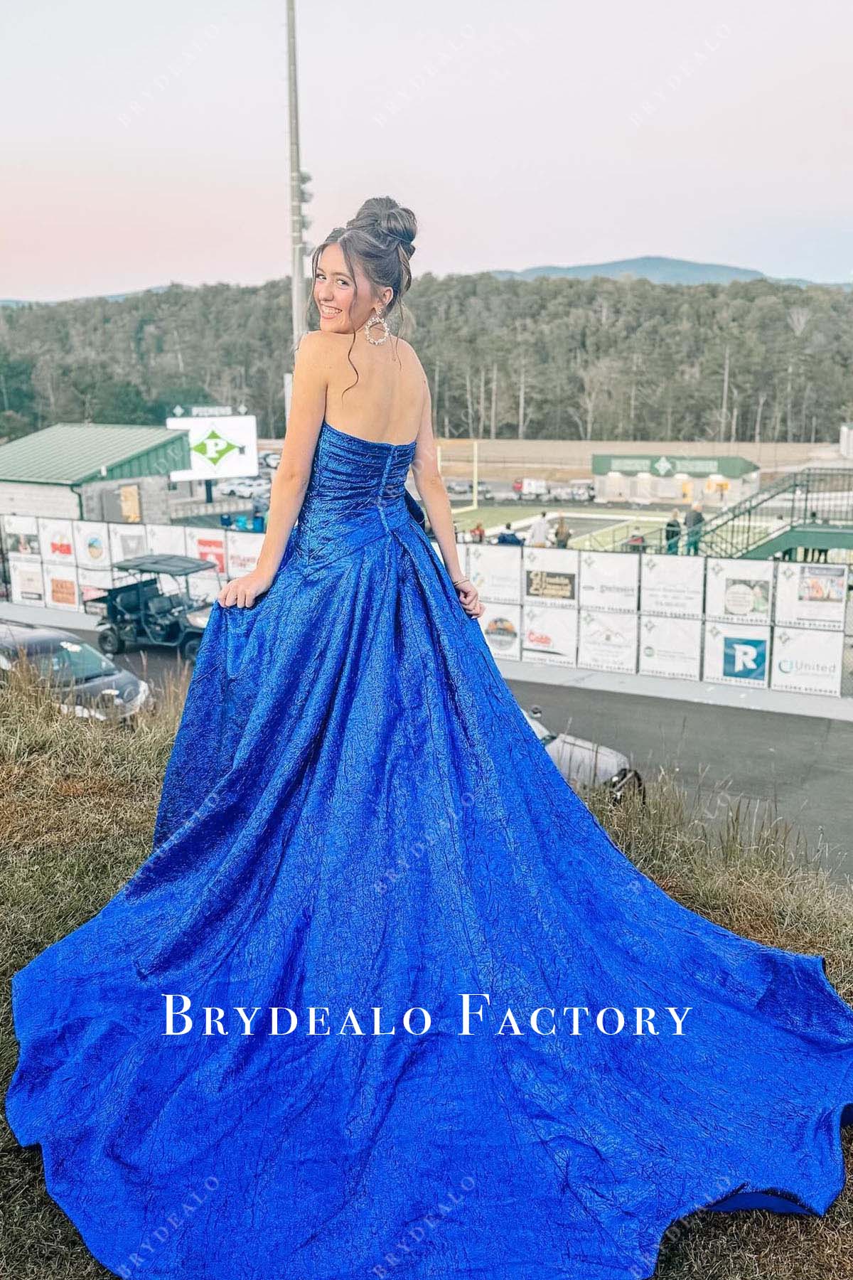 royal blue open back prom dress