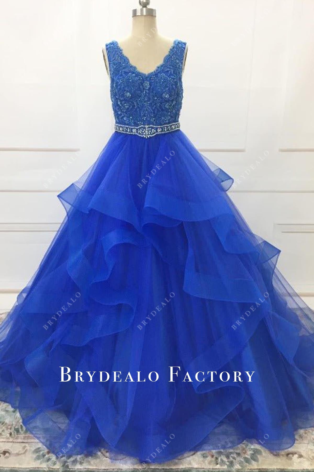 Beaded Royal Blue Ruffled A-Line Kids Pageant Dress