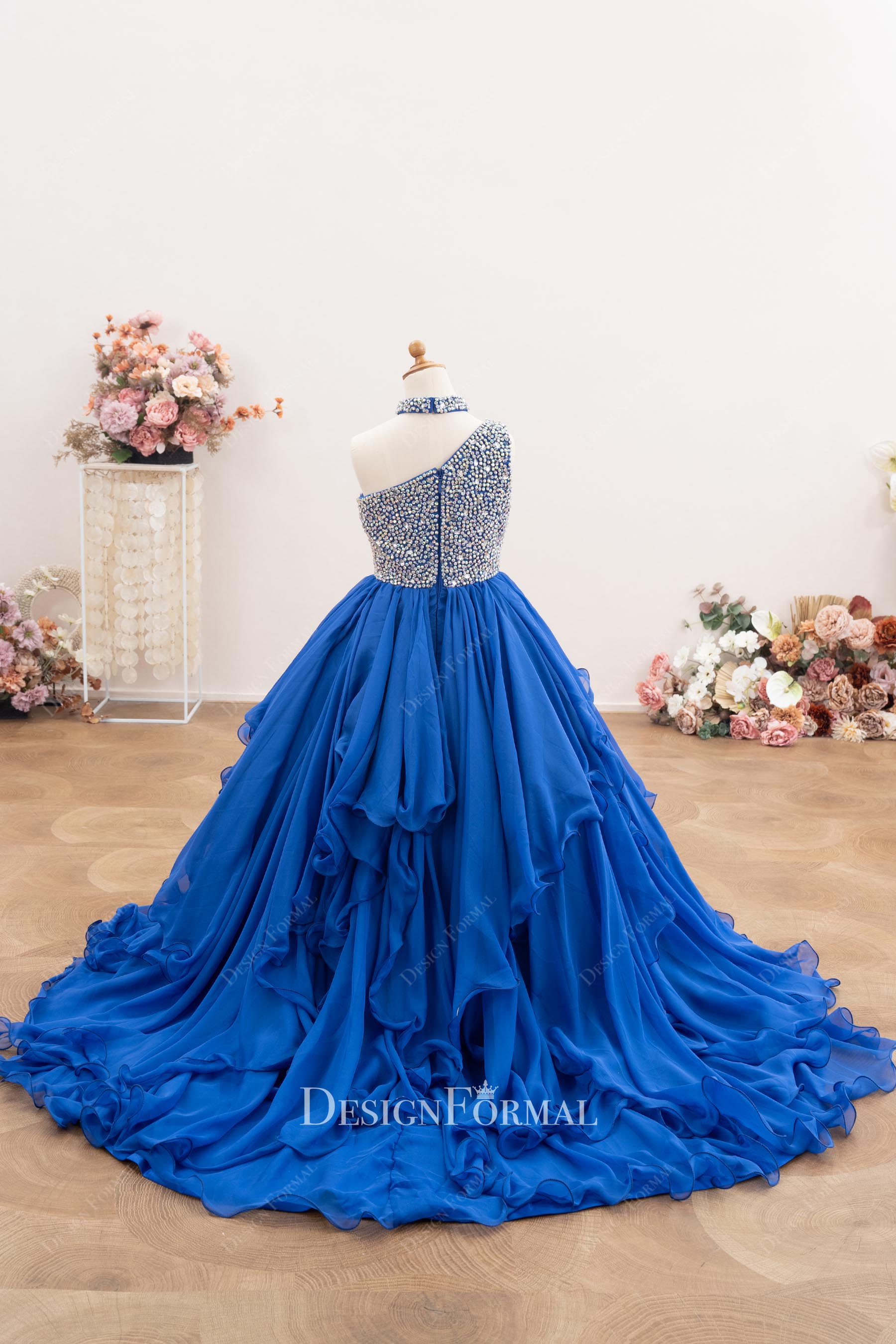 royal blue ruffles a line pageant dress