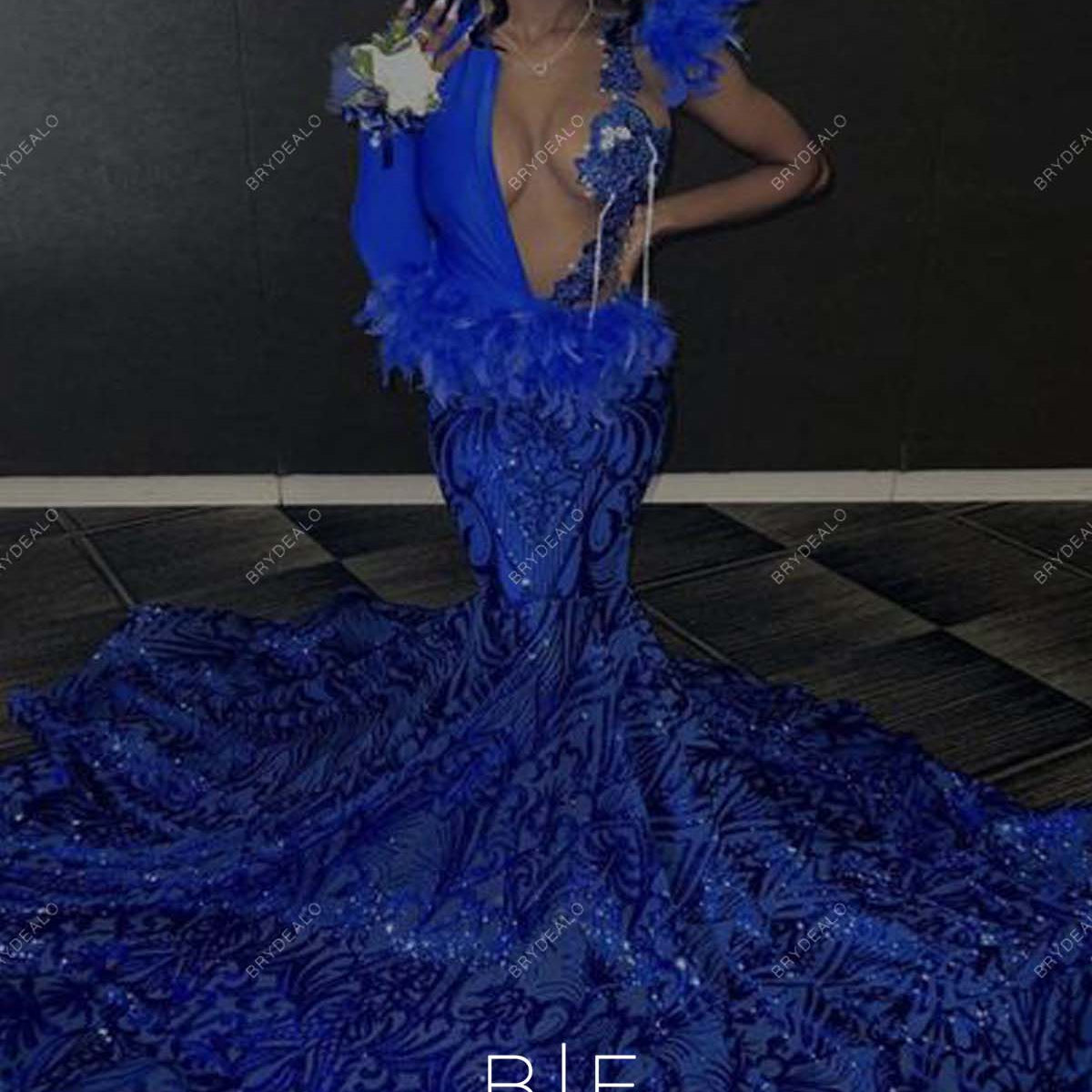 Royal Blue Sequin Feathers One Shoulder Mermaid Long Train Prom Dress
