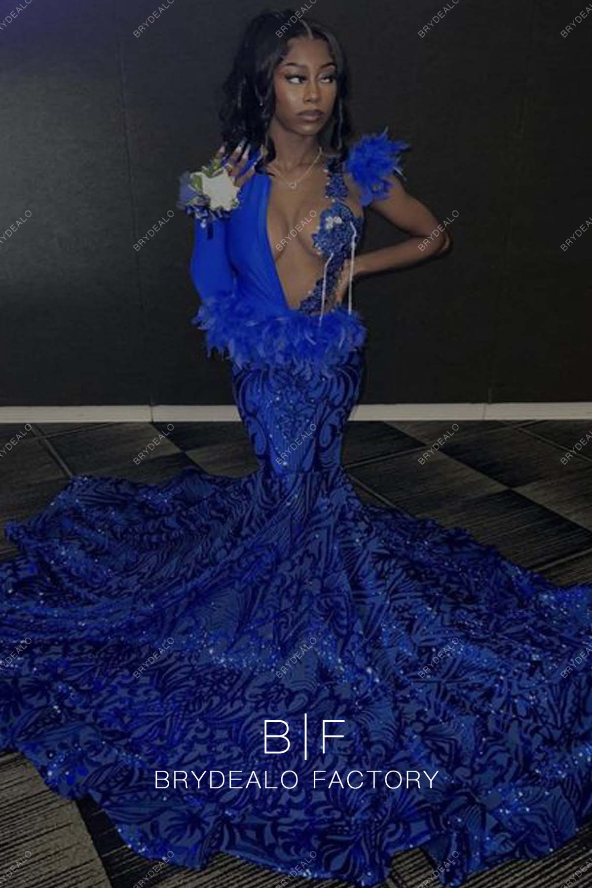 Royal Blue Sequin Feathers One Shoulder Mermaid Long Train Prom Dress