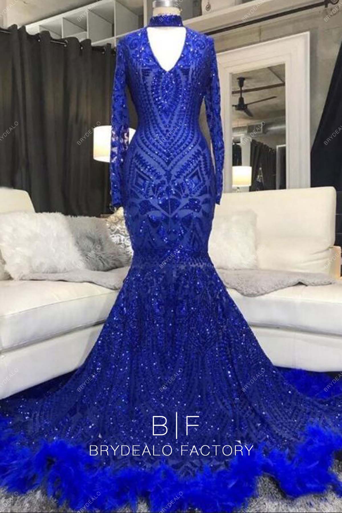 Royal Blue Sequin Choker Neck Feathered Mermaid Prom Dress