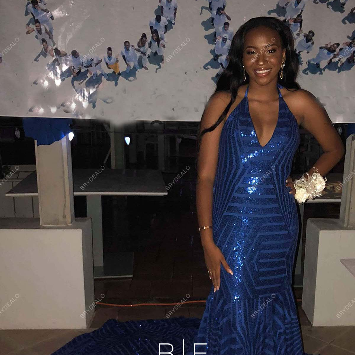 Royal Blue Unique Sequin Long Train Halter Mermaid Prom Gown