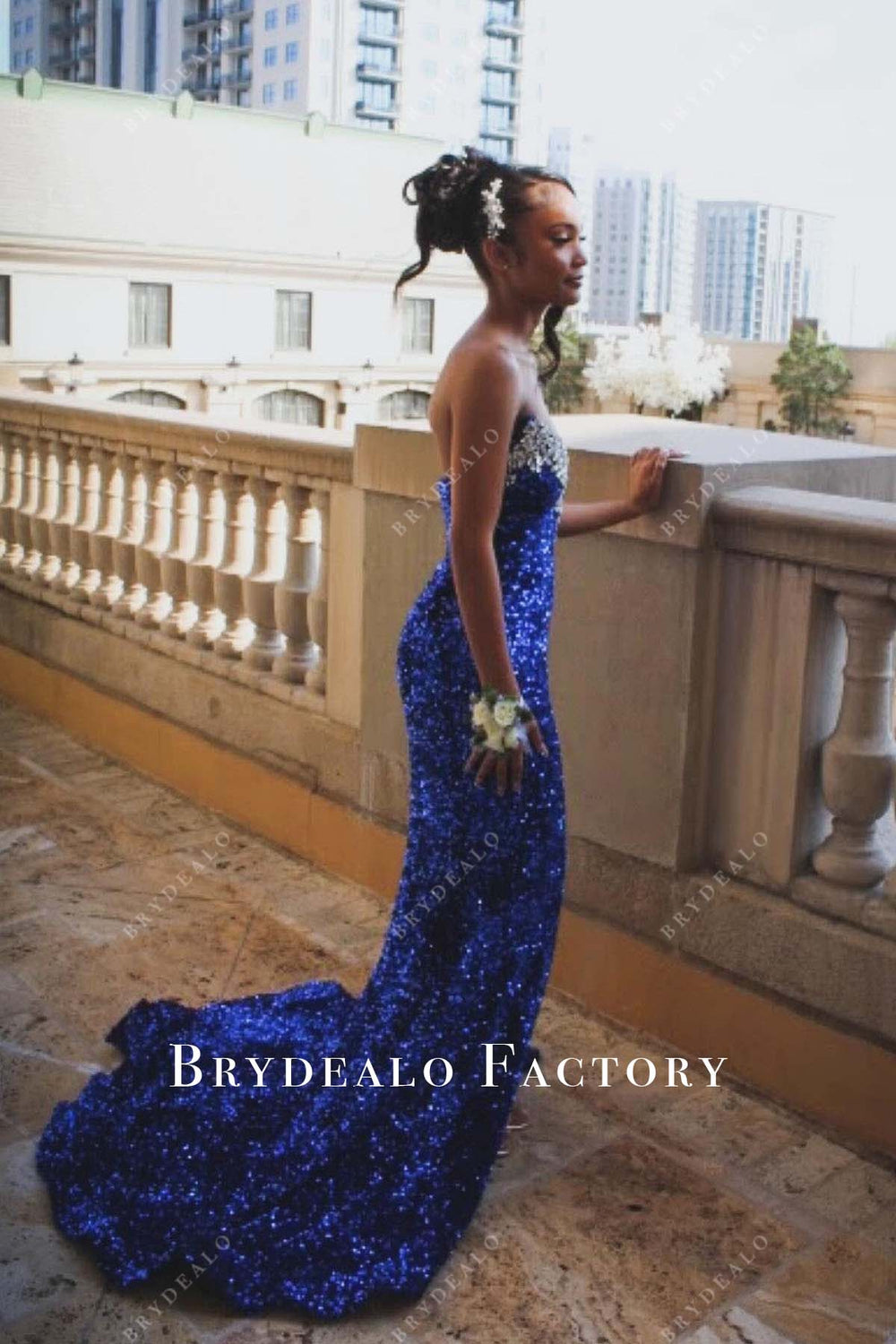 Charming Royal Blue Strapless Beaded Sweep Train Slit Long Prom Dress main image 1