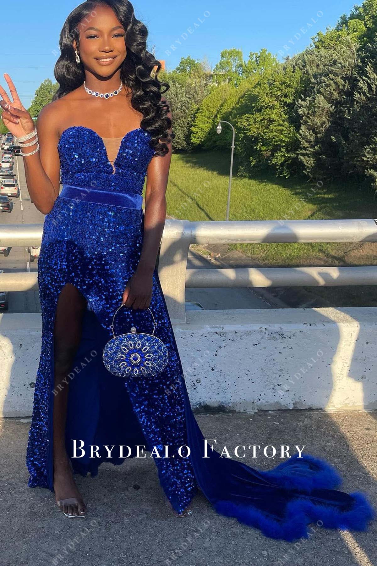 royal blue sequined sleeveless prom dress