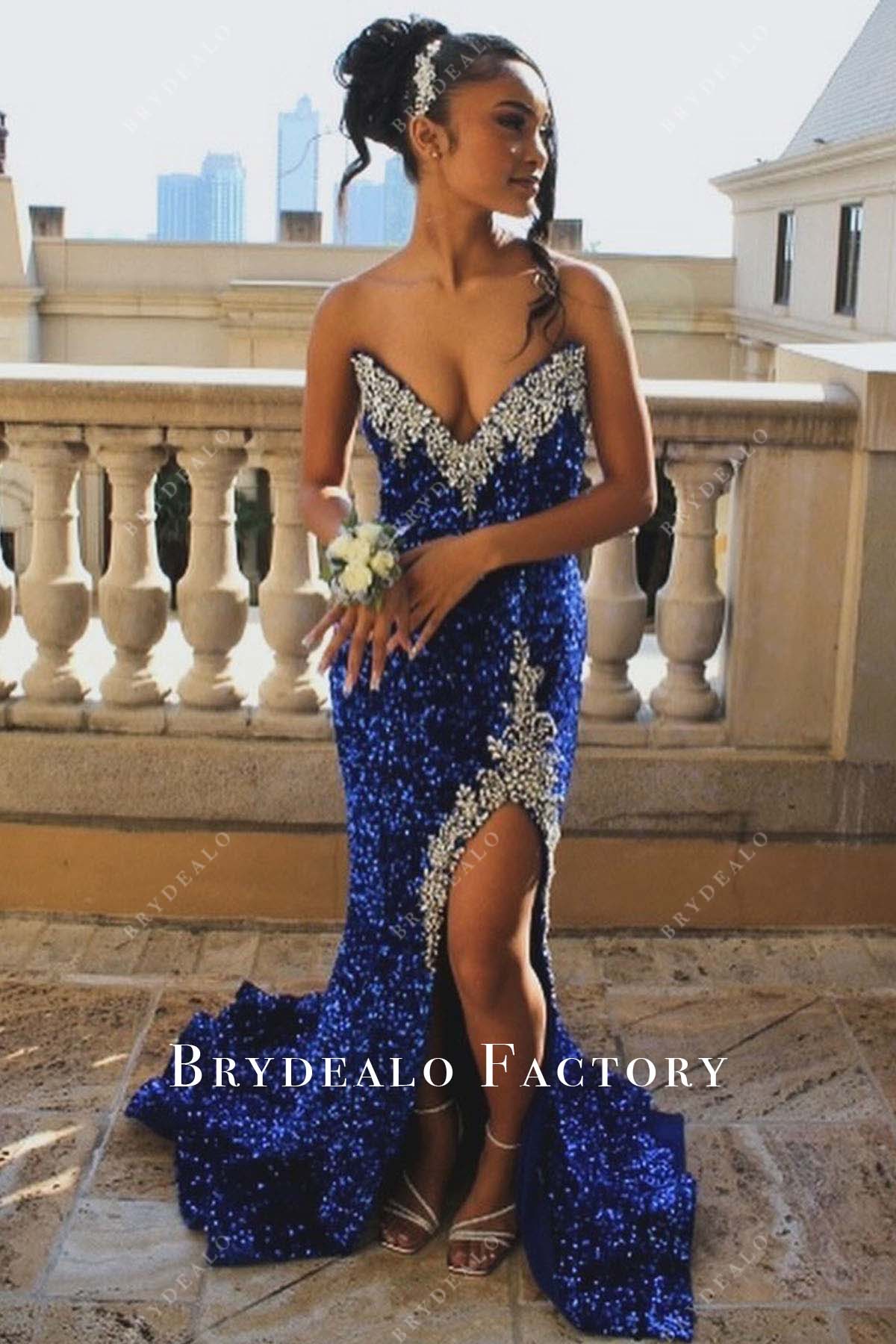 royal blue sequined slit prom dress