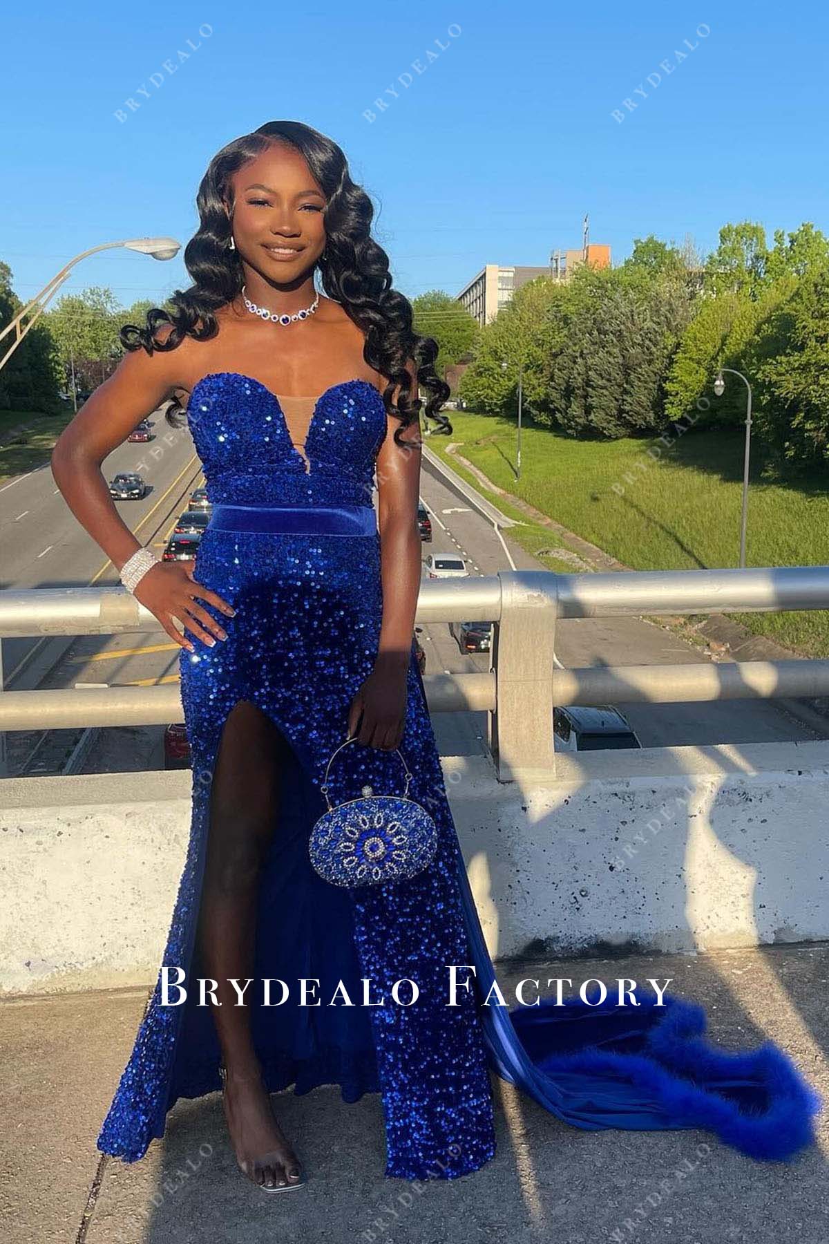 royal blue sequined strapless feathered prom dress