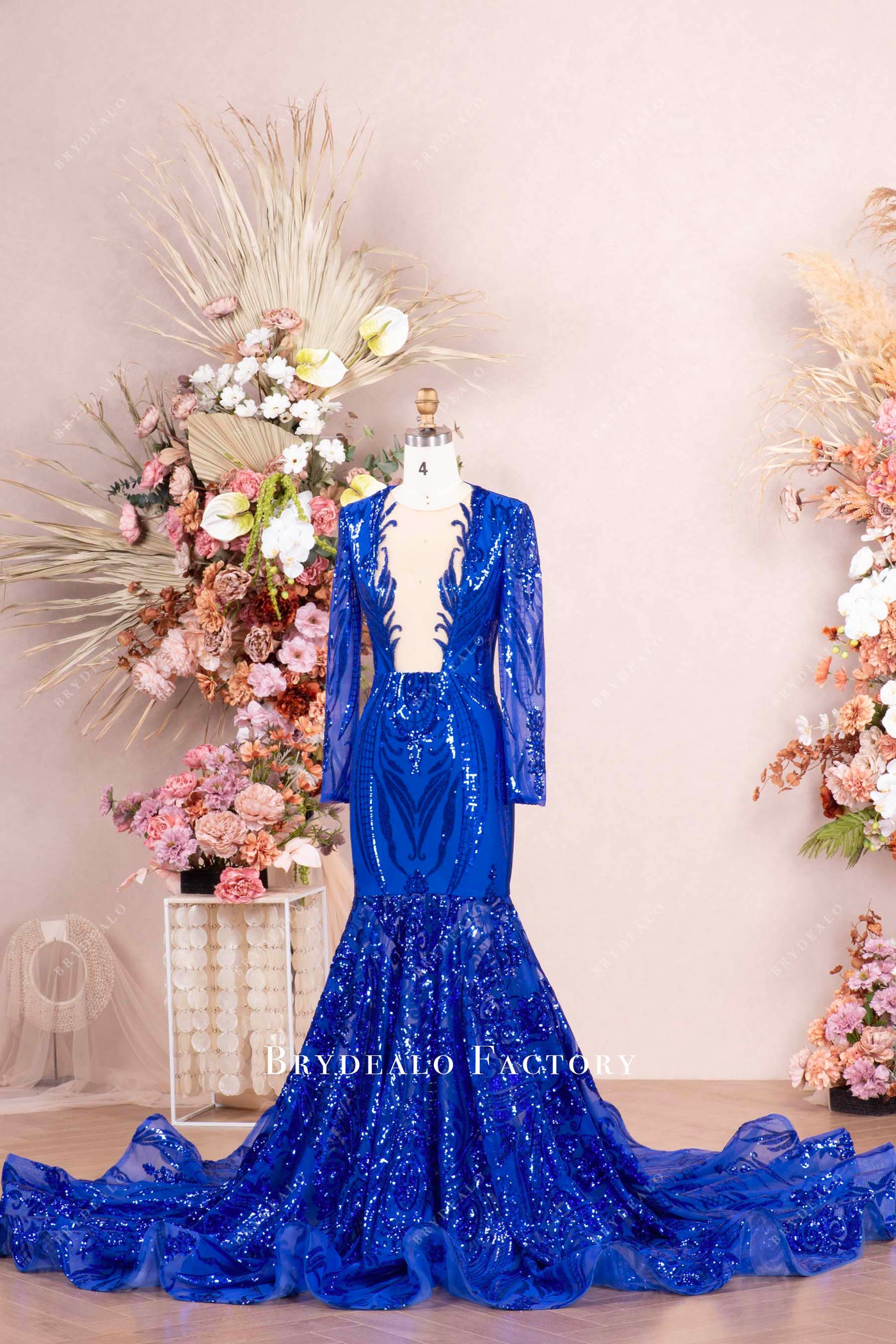 Sparkly Royal Blue Sequin Mermaid Long Prom Dress with Slit