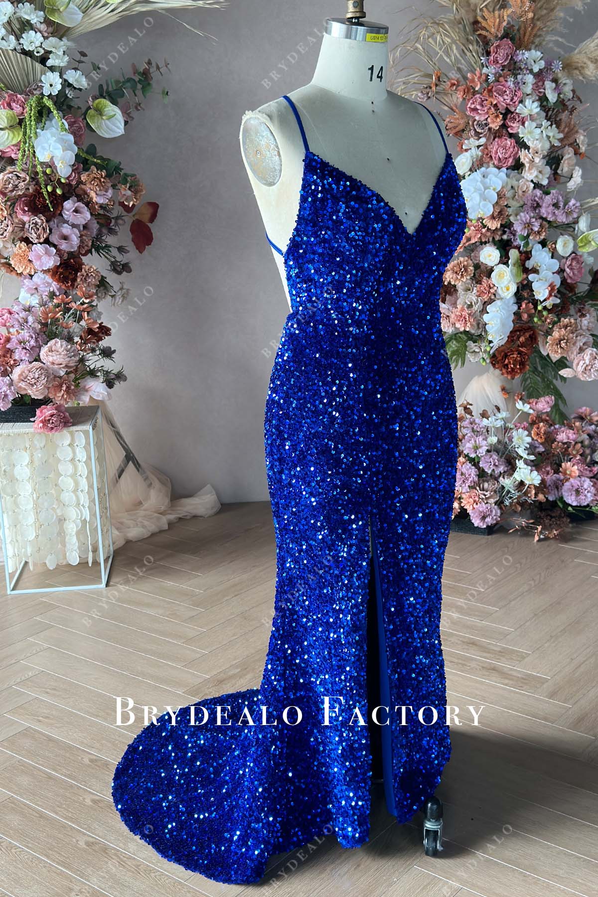 sleeveless long slit fit and flare blue prom dress