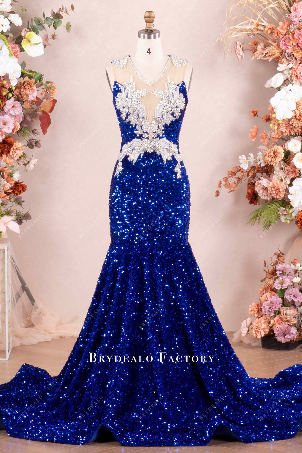 Royal Blue Sparkly Rhinestone Velvet Sequin Mermaid Prom Dress