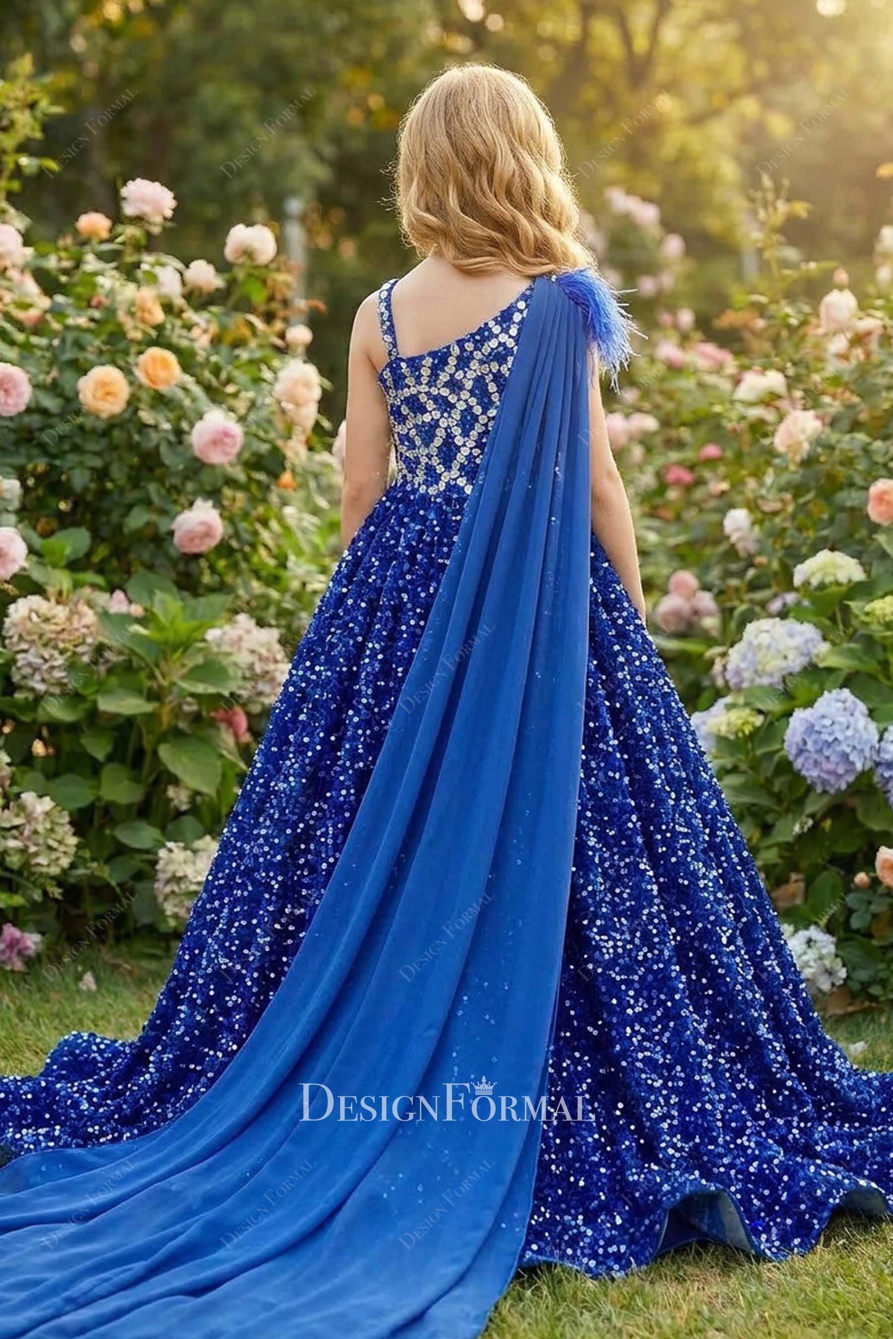 royal blue sparkly shoulder veil  pageant dress