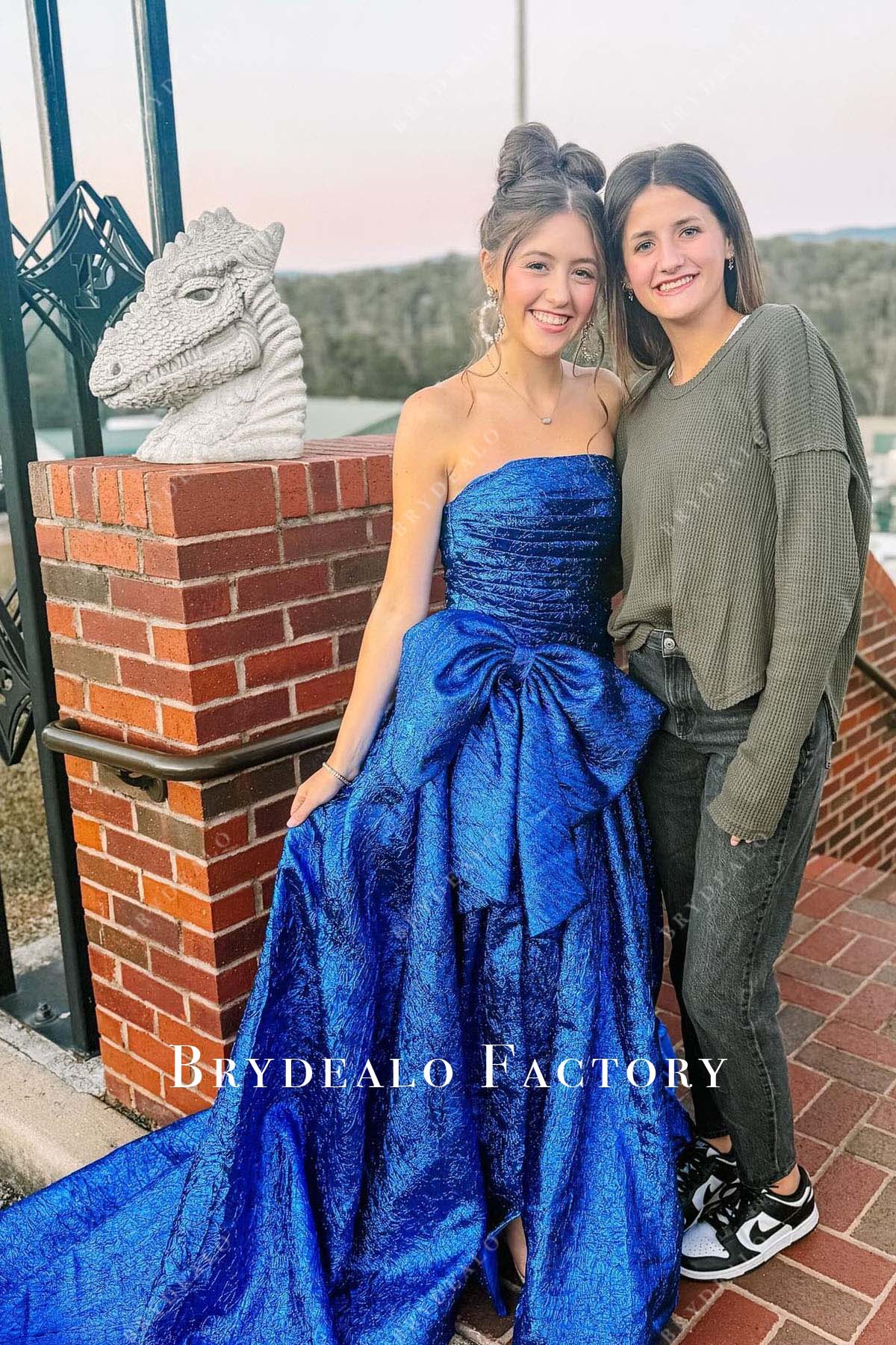 royal blue strapless bowknot prom dress