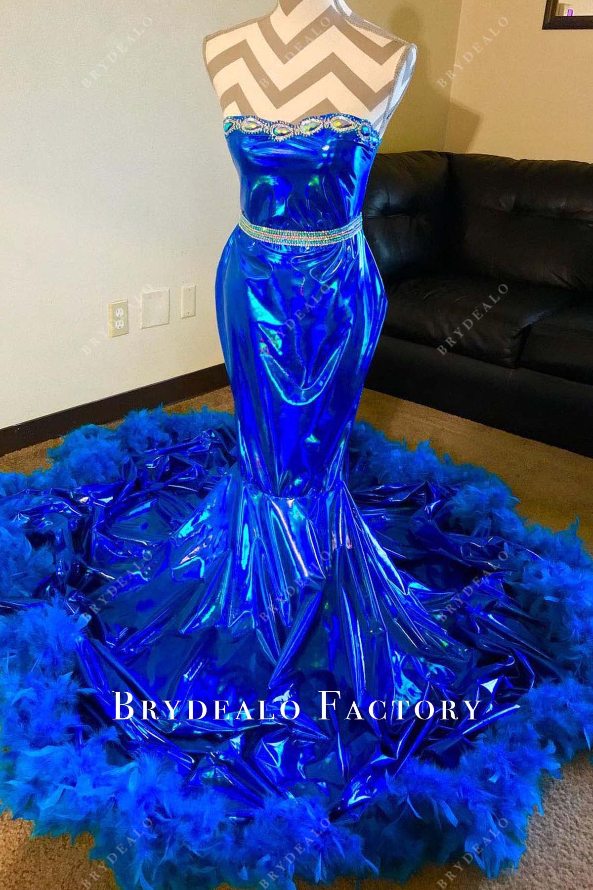 royal blue strapless feathered prom dress