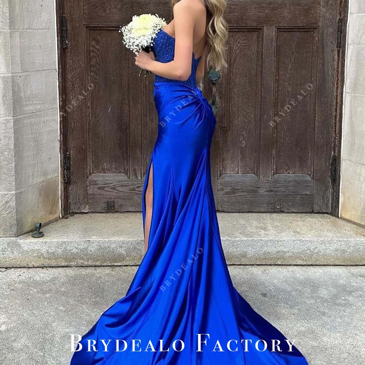 Royal Blue Strapless Lace Appliques Split Homecoming Dress Royal Blue Strapless Lace Appliques Split Homecoming Dress
