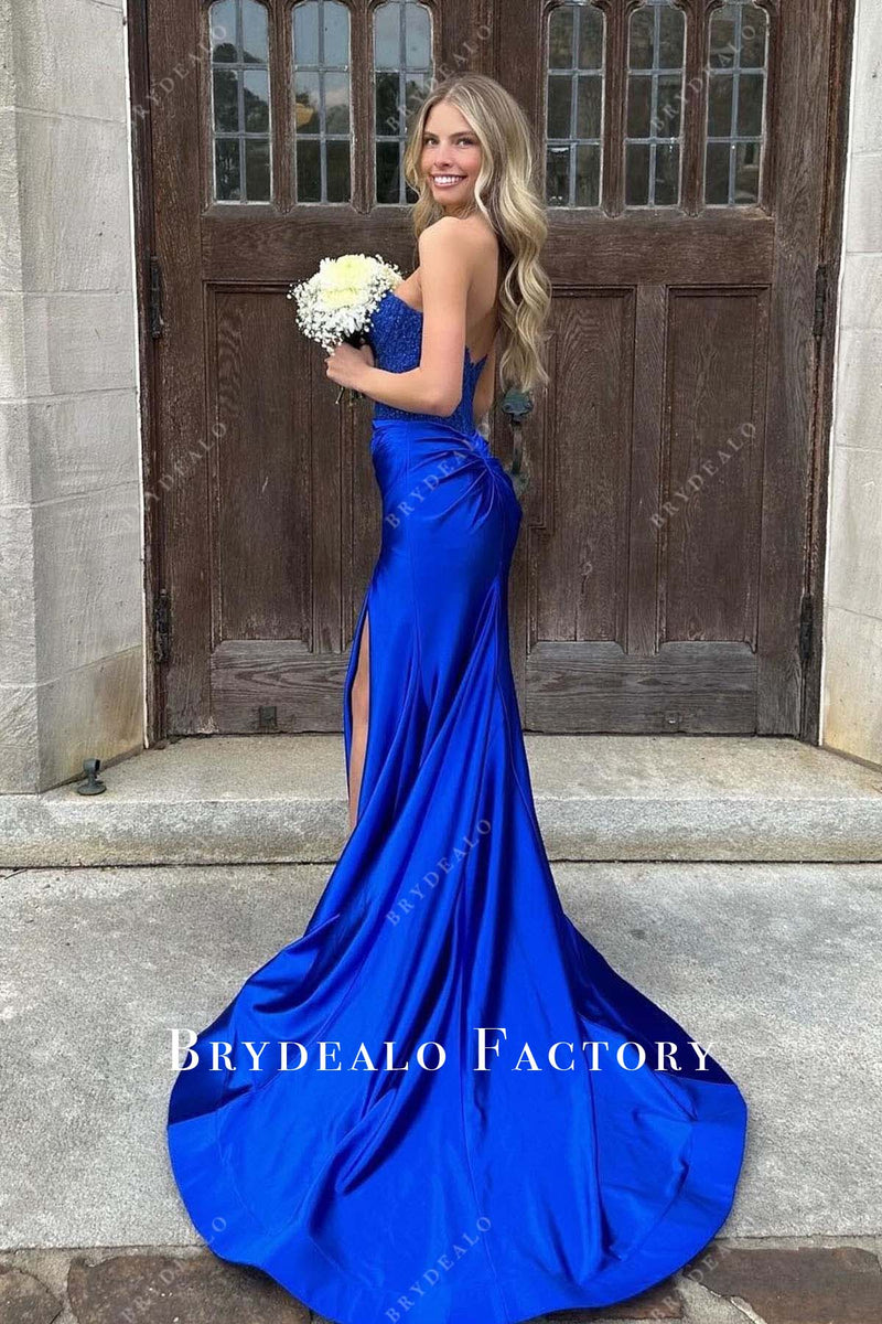 Royal Blue Strapless Lace Appliques Split Homecoming Dress