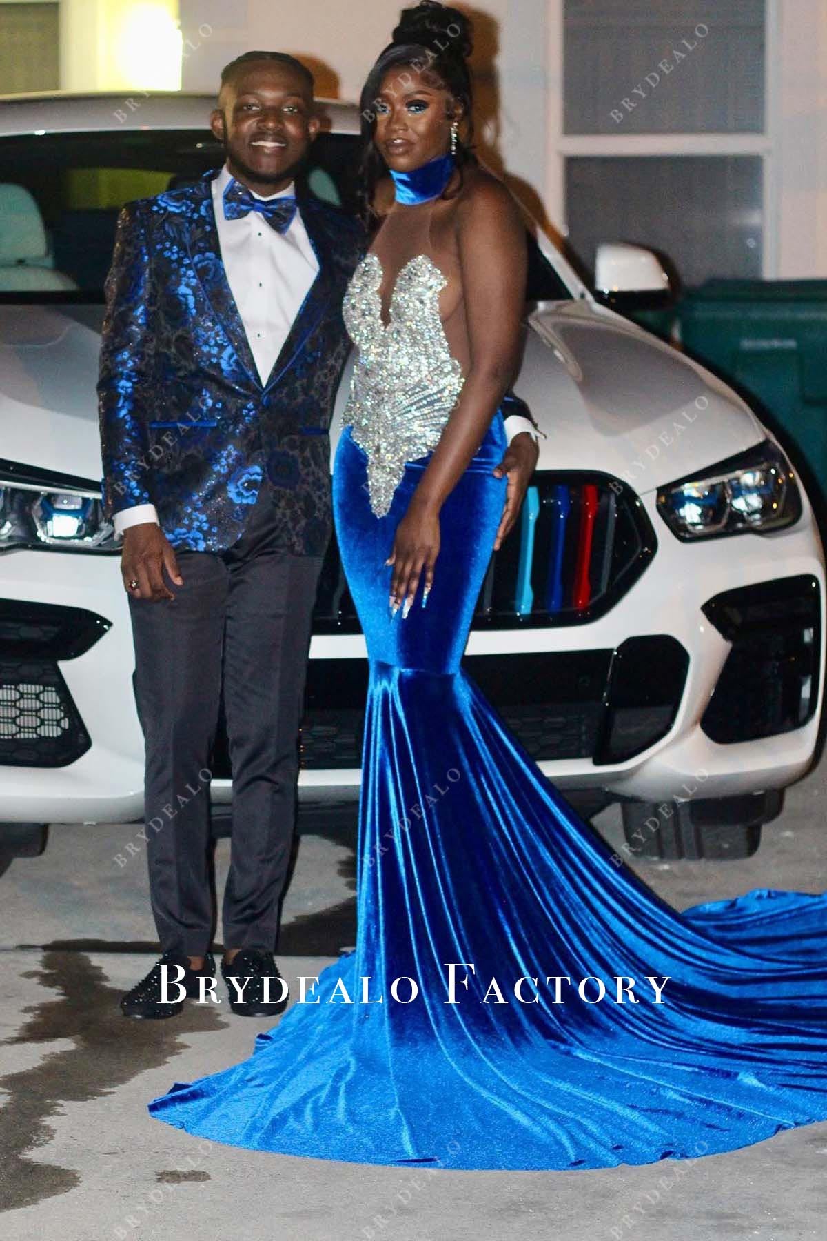 royal blue velvet prom dress