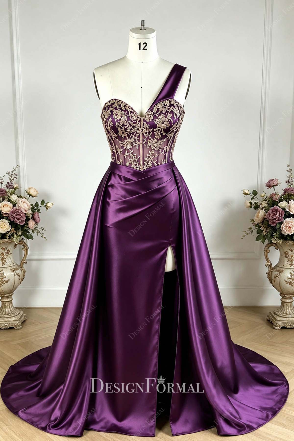 royal purple mermaid overskirt prom dress